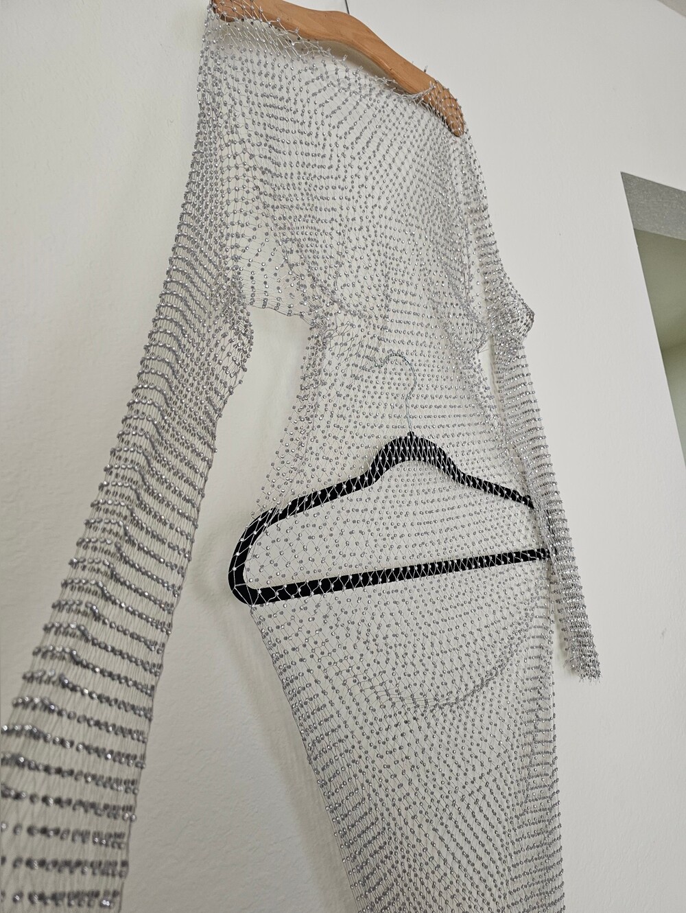 silver rhinestone embellished sheer long-sleeve mesh dress. - Picture 7 of 8